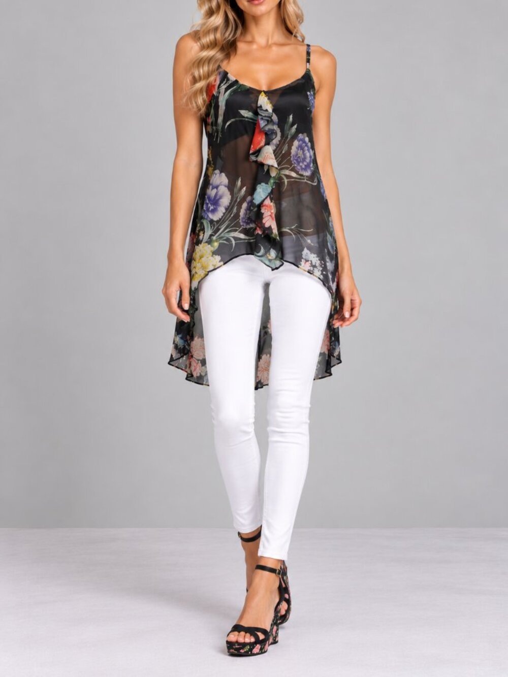 Lola Made in Italy Silk Viscose Floral Print High Low Tunic Retail $145